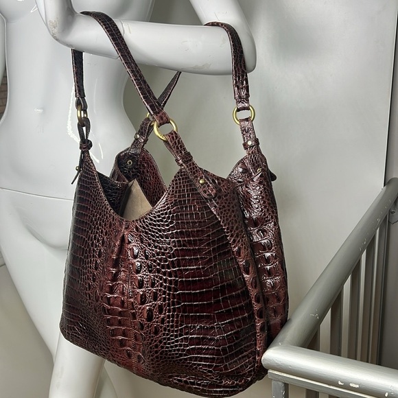 Brahmin Anne Melbourne Chocolate Brown Croc Embossed Hobo Tote Shoulder Bag - Picture 1 of 9